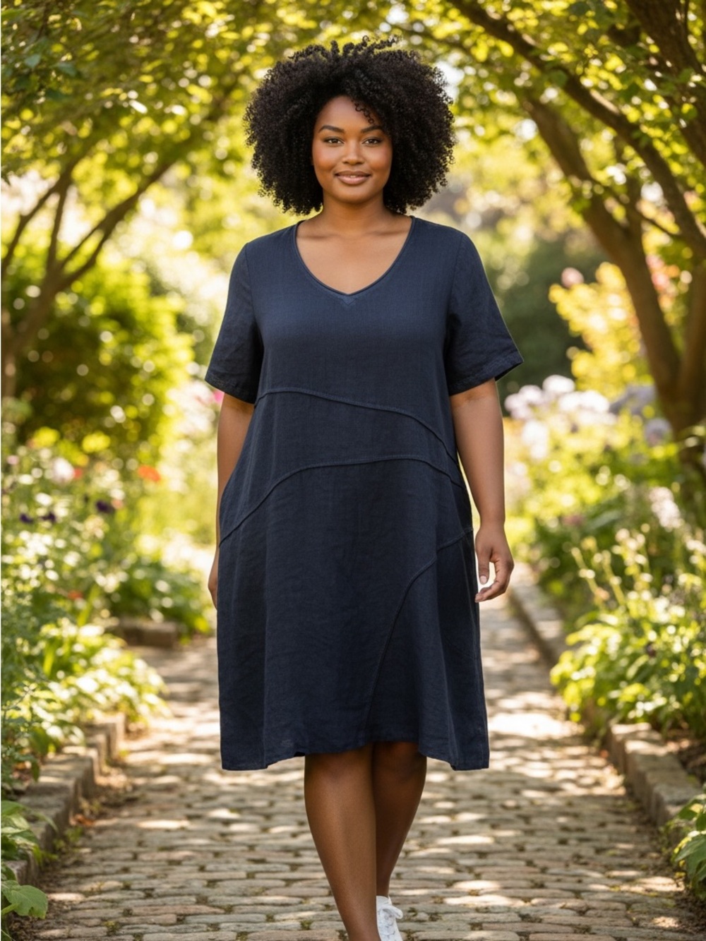 Gemini Relaxed V-Neck Midi Dress in Navy XXL summer capsule linen